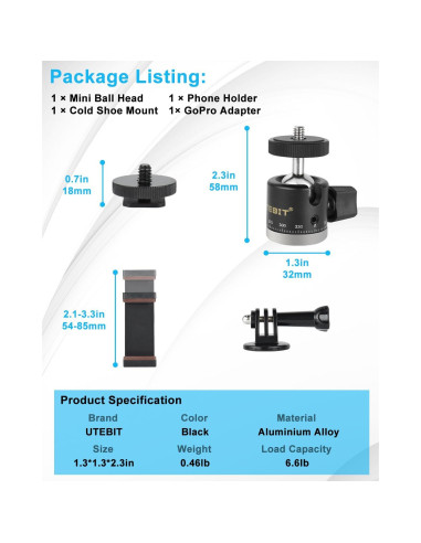 Cabezal de bola mini UTEBIT 20mm para trípode 360
