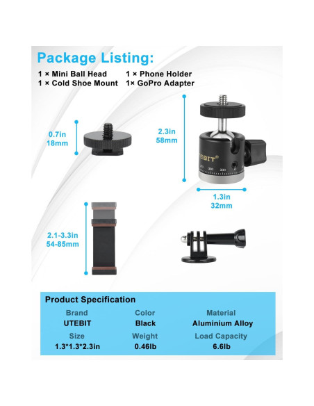 Cabezal de bola mini UTEBIT 20mm para trípode 360