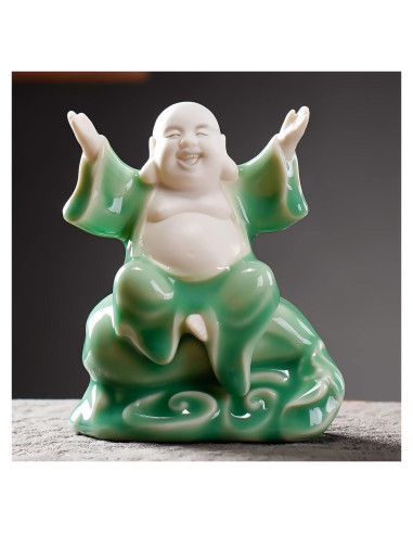 Estatua de Buda Risueño Cerámica Verde 11.3 cm para Buena Suerte