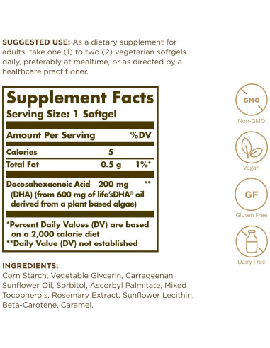 Solgar DHA Vegetariano 200 mg - 50 Cápsulas Blandas - Omega-3