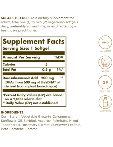 Solgar DHA Vegetariano 200 mg - 50 Cápsulas Blandas - Omega-3