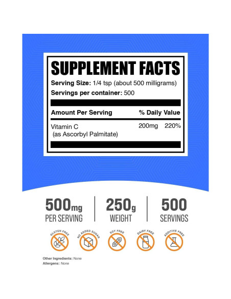 Polvo de Palmitato de Ascorbilo BulkSupplements 250g - Vitamina C