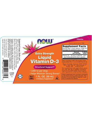 Vitamina D3 Líquida Extra Fuerte NOW Foods 1000 UI 29.57 ml