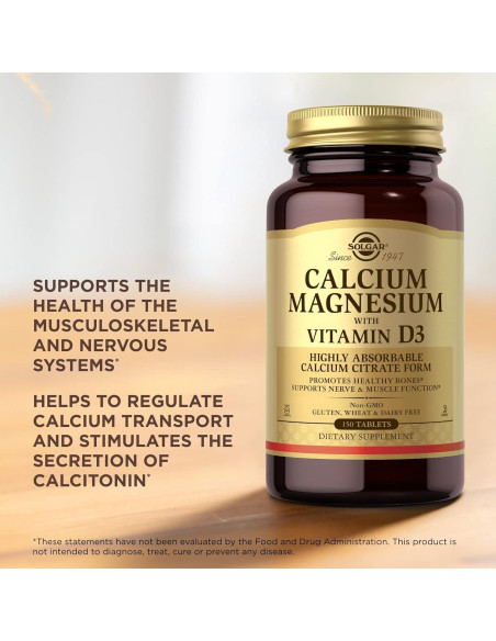 Suplemento de Calcio Magnesio con Vitamina D3 Solgar 150 Tabletas