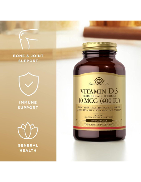 Solgar Vitamina D3 10 mcg 250 Gelatinas Blandas - Huesos Saludables