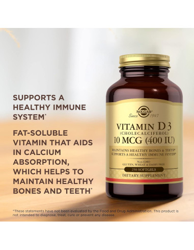 Solgar Vitamina D3 10 mcg 250 Gelatinas Blandas - Huesos Saludables