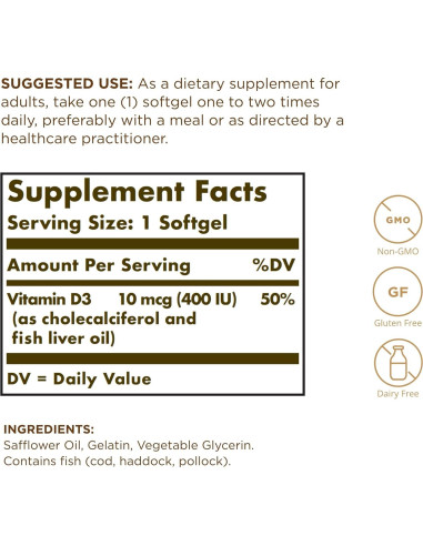 Vitamina D3 Solgar 10 mcg 100 Gelatinas Blandas - Huesos y Sistema Inmunológico