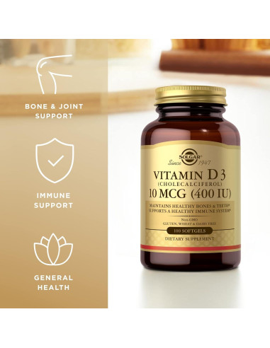 Vitamina D3 Solgar 10 mcg 100 Gelatinas Blandas - Huesos y Sistema Inmunológico