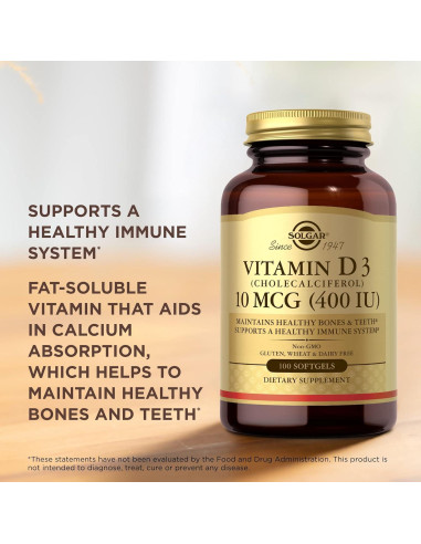 Vitamina D3 Solgar 10 mcg 100 Gelatinas Blandas - Huesos y Sistema Inmunológico