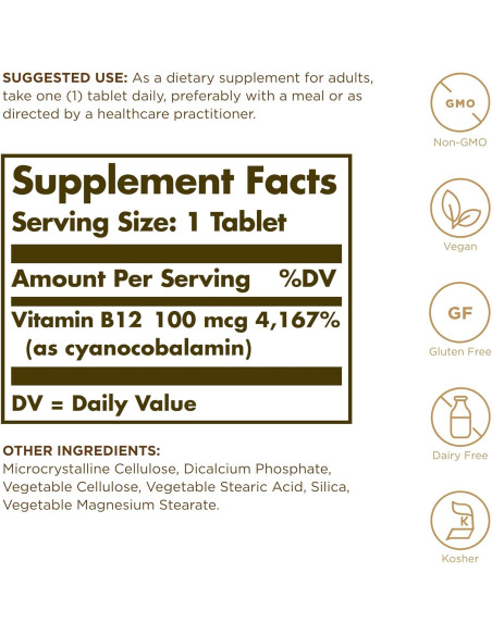 Vitamina B12 Solgar 100 mcg - 100 Tabletas Veganas y Sin Gluten