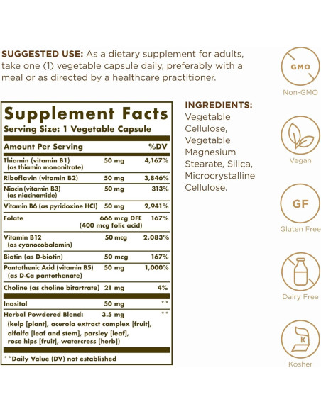 Solgar B-Complejo 50 - 100 Cápsulas Vegetales - Energía y Nervios