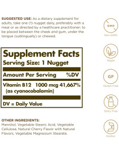 Vitamina B12 Sublingual Solgar 1000 mcg - 250 Nuggets Vegano 2