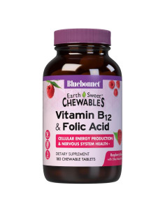 Vitaminas B12 1000 mcg y Ácido Fólico 400 mcg Bluebonnet - 180 Tabletas Masticables Sabor Frambuesa