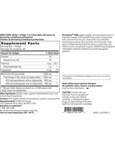Klaire Labs Eicosamax 1000 TG Aceite de Pescado Omega-3 60 Gelatinas