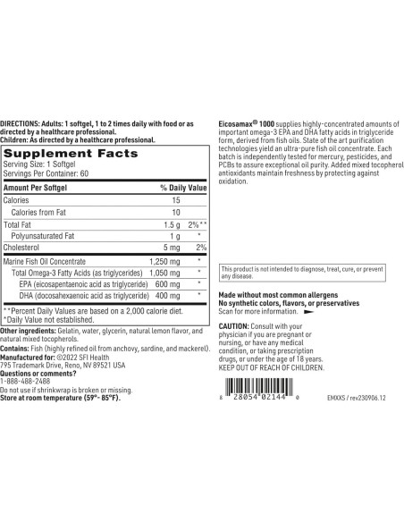 Klaire Labs Eicosamax 1000 TG Aceite de Pescado Omega-3 60 Gelatinas