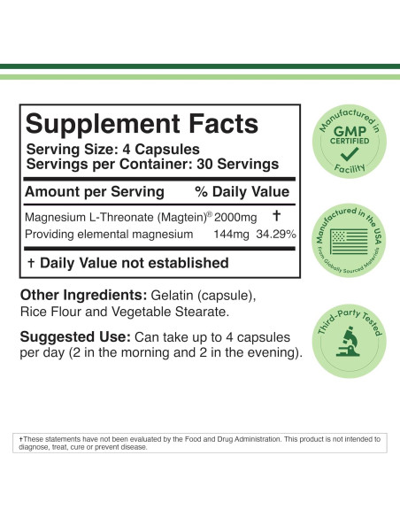 Treonato de Magnesio L Magtein 2000 mg 120 Cápsulas - Suplemento Cognitivo