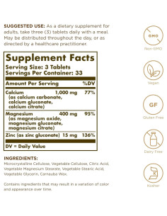 Suplemento Solgar Calcio Magnesio Zinc - 200 Tabletas Veganas 2