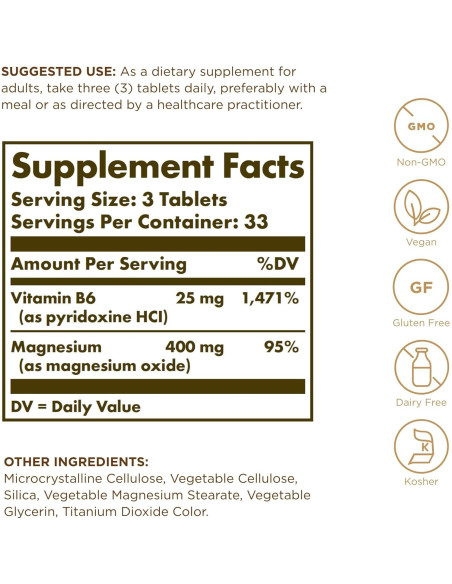Solgar Magnesio con Vitamina B6 - 100 Tabletas - Sin Gluten