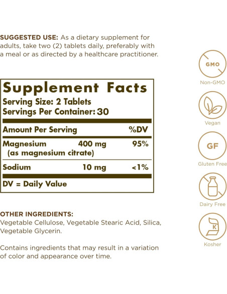 Citrato de Magnesio Solgar 60 Tabletas - Absorbible, Vegano