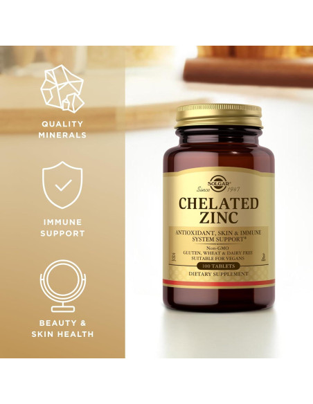 Solgar Zinc Quelado 100 Tabletas - Antioxidante Vegano 300 Porciones