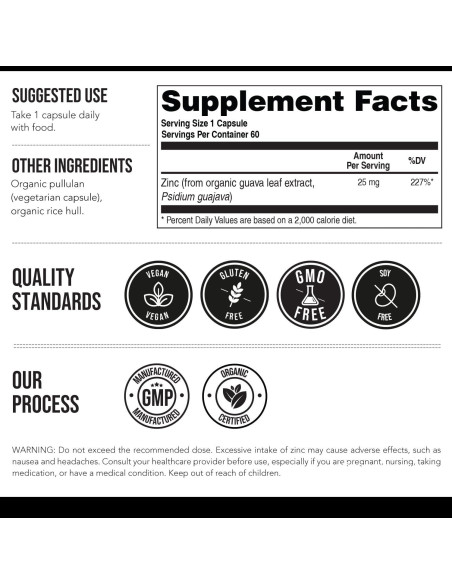 Suplemento de Zinc Orgánico Triquetra Health 25 mg - 60 Porciones
