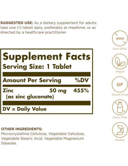 Suplemento de Zinc 50 Mg Solgar - 100 Tabletas Vegetarianas