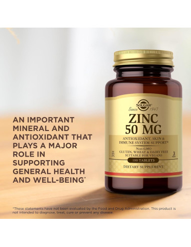 Suplemento de Zinc 50 Mg Solgar - 100 Tabletas Vegetarianas