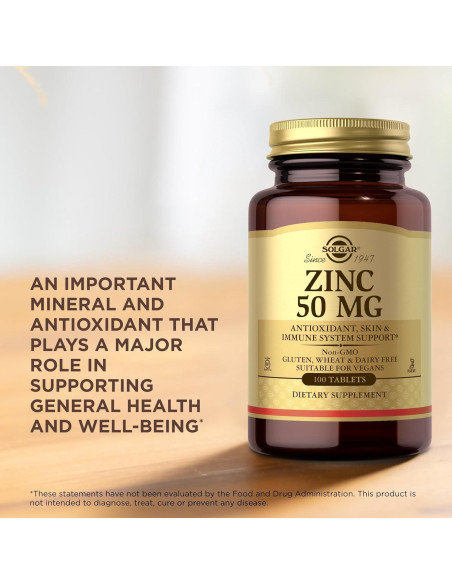 Suplemento de Zinc 50 Mg Solgar - 100 Tabletas Vegetarianas