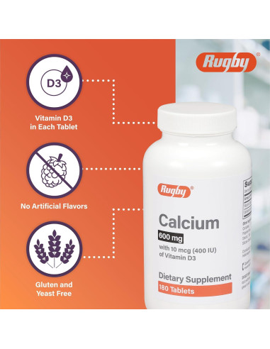 Tabletas de Calcio Rugby 600mg con Vitamina D3 10mcg - 180 Unidades