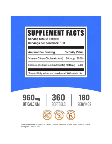 BulkSupplements Carbonato de Calcio y Vitamina D3 360 Softgels