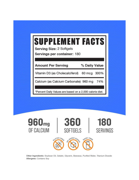 BulkSupplements Carbonato de Calcio y Vitamina D3 360 Softgels
