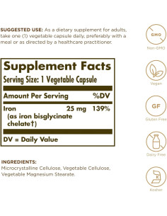 Suplemento de Hierro Suave Solgar 25 mg - 180 Cápsulas Veganas 2