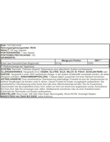 Suplemento de Hierro Now Foods 18 mg 120 Cápsulas Veganas