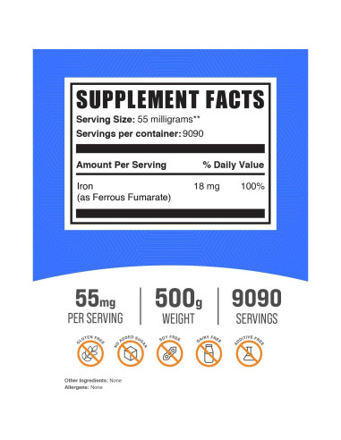 Polvo de Fumarato Ferroso BulkSupplements 500g - Suplemento de Hierro 18mg