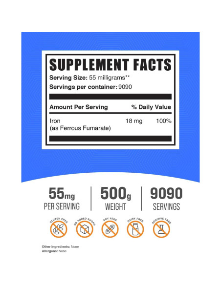 Polvo de Fumarato Ferroso BulkSupplements 500g - Suplemento de Hierro 18mg