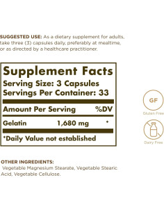 Suplemento de Gelatina Solgar - 100 Cápsulas - Sin Gluten 2