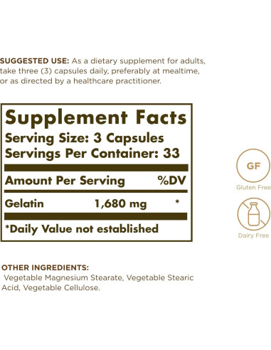 Suplemento de Gelatina Solgar - 100 Cápsulas - Sin Gluten