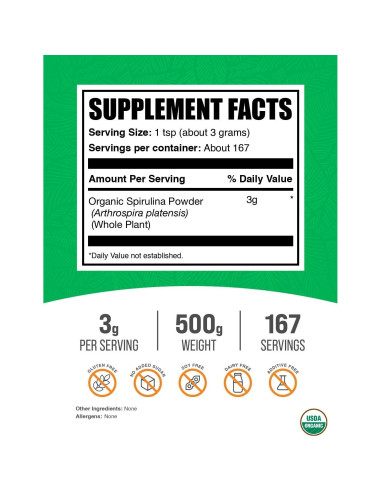Polvo de Espirulina Orgánica BulkSupplements 500g - Superalimento Vegano
