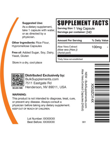 Cápsulas de Aloe Vera BulkSupplements.com - 240 Veganas 1 Porción