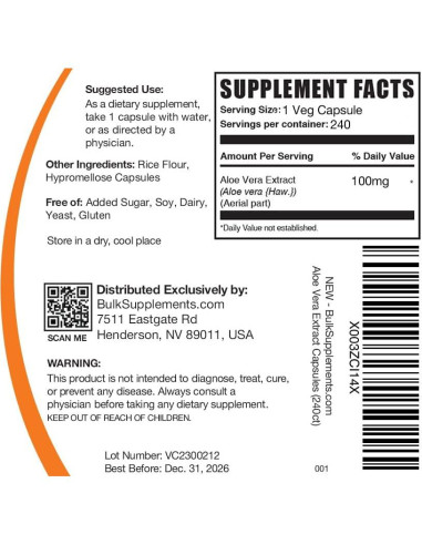 Cápsulas de Aloe Vera BulkSupplements.com - 240 Veganas 1 Porción