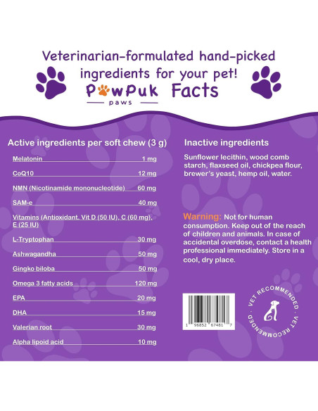 Suplemento Calmante para Perros PawPuk - Melatonina y Ginkgo
