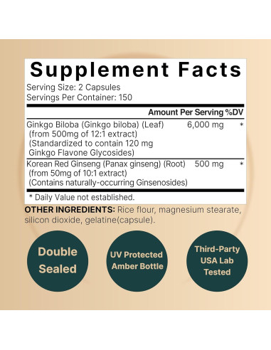 Suplemento Ginkgo Biloba 6000mg + Ginseng 500mg NatureBell - 300 Cápsulas