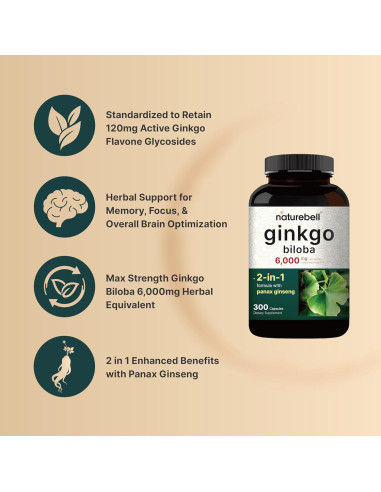 Suplemento Ginkgo Biloba 6000mg + Ginseng 500mg NatureBell - 300 Cápsulas