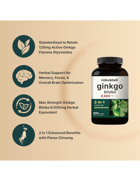 Suplemento Ginkgo Biloba 6000mg + Ginseng 500mg NatureBell - 300 Cápsulas