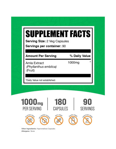 Cápsulas de Extracto de Amla BulkSupplements 1000mg 180 Unidades
