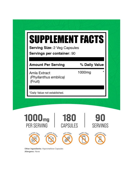 Cápsulas de Extracto de Amla BulkSupplements 1000mg 180 Unidades