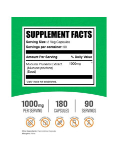 Cápsulas de Mucuna Pruriens BulkSupplements 1000mg 180 Unidades 2
