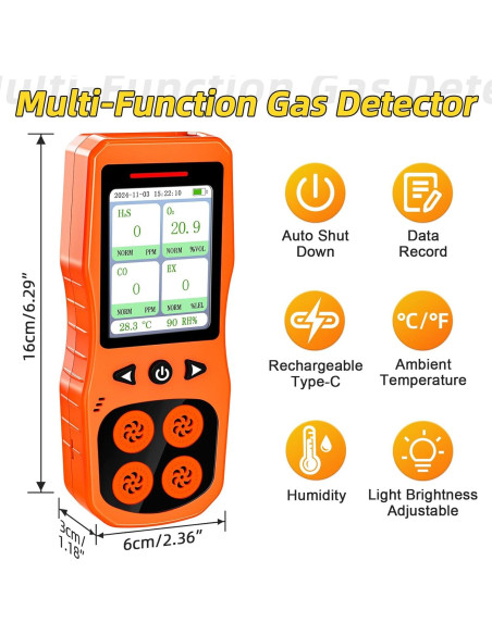 Detector de Gas Multi Gas ZYKYCX 4 Gases O2 CO H2S LEL