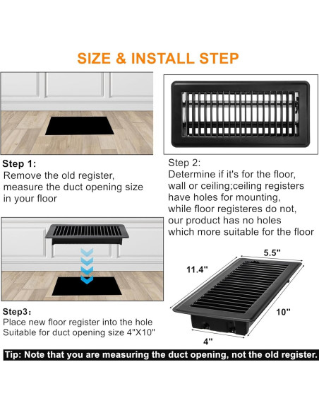 Rejillas de Ventilación de Piso Yopay 6 Piezas 10x25 cm Negras