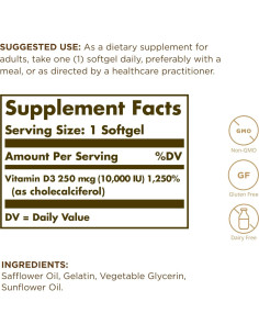 Vitamina D3 Solgar 250 mcg 120 Gelatinas Blandas - Paquete de 3 2